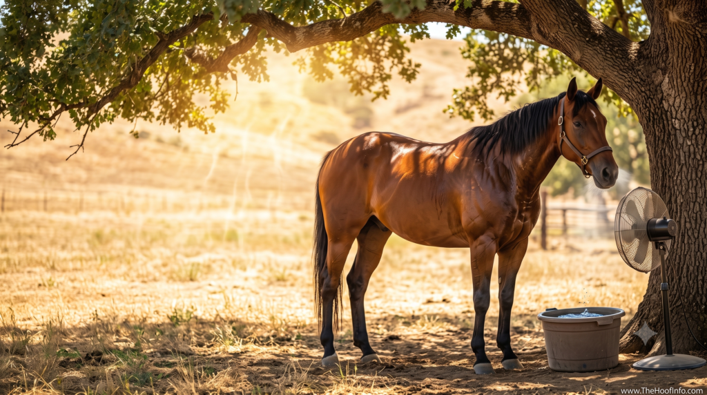 A horse standing under shade on a hot summer day with the title overlay Heat Stress in Horses Signs, Treatment & Prevention.